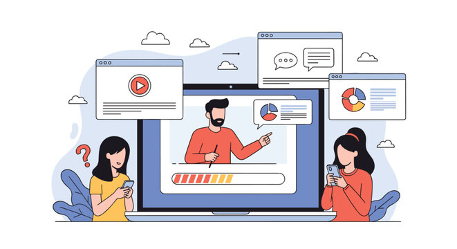 Illustration of people using online learning platforms with video lectures and data charts.