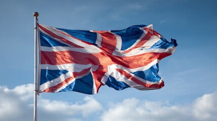 National fabric waves strongly from tall metallic pole against bright clear atmosphere