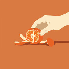 A hand peels a citrus fruit, revealing juicy segments, against a warm orange backdrop. Peels lie below