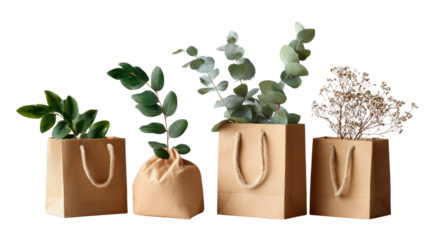 Eco-Friendly Symphony: A quartet of sustainable paper bags each cradle a unique botanical specimen, celebrating the harmony of nature and eco-conscious living. 
