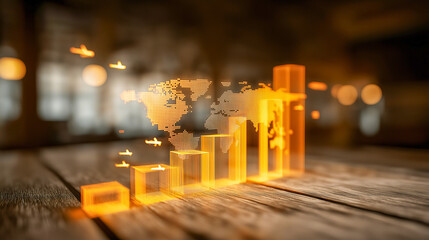 Glowing amber bar graph with world map overlay on wooden desk, symbolizing macro finance, global growth, economic progress, and digital data visualization in warm, optimistic atmosphere