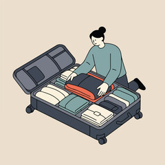Illustration of a person packing a suitcase, featuring neatly folded clothing. Background is a neutral tone