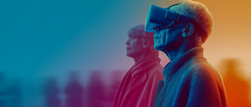 Senior technology virtual reality learning future innovation elderly digital experience education�Senior woman wearing virtual reality headset exploring digital world colorful background concept