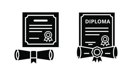 Two black and white diploma icons with ribbons and seals shown