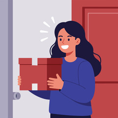 A smiling person, holding a cardboard box, stands near a door. Stylized illustration with radiant light effect