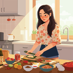 A woman prepares food in a brightly lit kitchen. Ingredients are spread out on a wooden countertop. The sun shines