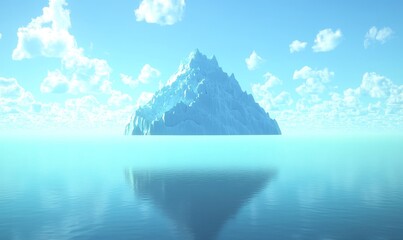 Majestic iceberg floating in calm ocean waters with a clear sky and scattered clouds overhead