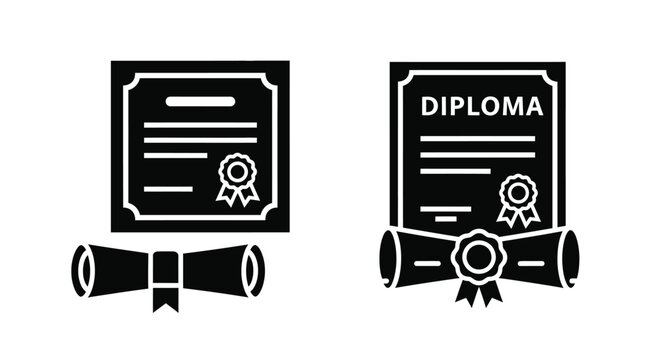 Two black and white diploma icons with ribbons and seals shown