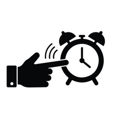 Silhouette of a hand silencing an alarm clock with a finger. The clock has bells and hands showing the time