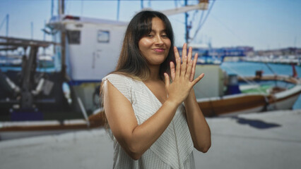 Woman young brunette clasping hands beside moored boats at a port near a street pier, smiling with a lip ring and visible palms; contentment.