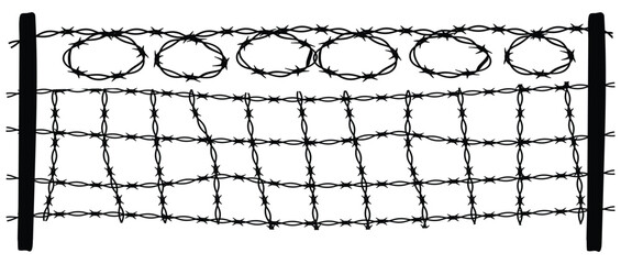 Barbed wire silhouette vector -White background with Black barbed wire horizontal vector. Straight line sharp barbed wire illustration vector