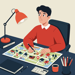 A person, seated at a desk under a desk lamp, studies a map with markers. Additional office supplies are present