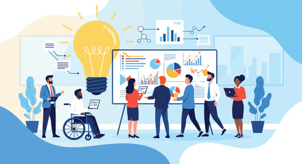 Diverse business team collaborating on a project with a large lightbulb representing ideas.