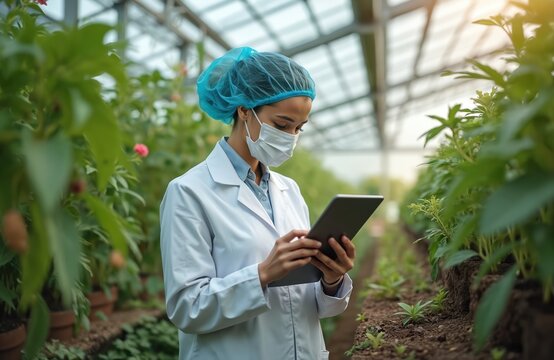 Young woman scientist in lab coat, mask, hairnet works in large greenhouse. Uses digital tablet to monitor plant growth, health. Female researcher checks agriculture tech on farm, collects data on