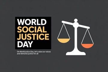World social justice day graphic with scales of justice on a dark gray background design