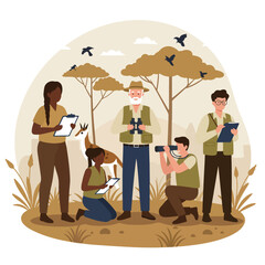 An illustration shows a team of researchers documenting wildlife in a savanna habitat with a gazelle