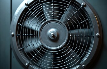Close up of metal industrial air conditioning fan. Silver HVAC ventilation unit circulates air. Cooling device regulates temperature. Modern tech climate control systems offer reliable service.