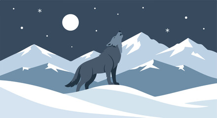 A gray wolf howling at the moon in a snowy mountain range under a starry sky
