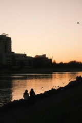 People walking along riverside at sunset with birds flying above water