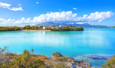 Serene coastal landscape featuring a calm turquoise bay with lush greenery and distant mountains under a bright blue sky