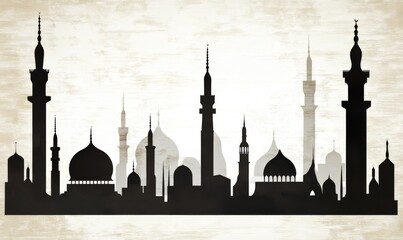 Silhouette of a diverse skyline featuring mosques and minarets against a textured background, representing architectural beauty and cultural heritage