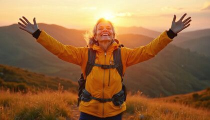 Smiling senior woman with open arms stands on grassy hill at sunset. Elderly hiker wears yellow jacket and backpack. She enjoys mountain view. Active lifestyle.