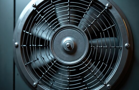 Close up of metal industrial air conditioning fan. Silver HVAC ventilation unit circulates air. Cooling device regulates temperature. Modern tech climate control systems offer reliable service.