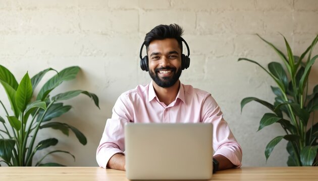 Indian man works on laptop at desk wearing headset. He smiles in modern workspace with plants. Professional poses indoor at workplace during remote work. He is happy and cheerful. - Powered by Adobe