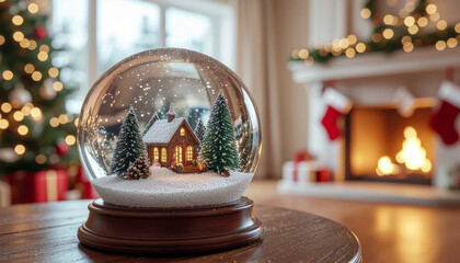 Snow globe with a house and trees, with a Christmas tree and fireplace in the background.
