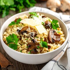 Delicious Mushroom Risotto with Parmesan and Fresh Herbs.