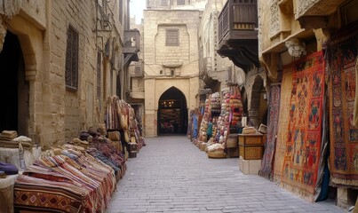 Vibrant street market with colorful textiles and crafts displayed along historic stone buildings on a narrow alleyway