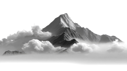 Majestic Mountain Amidst Clouds: A striking black and white capture of a towering mountain peak piercing through a sea of fluffy clouds, evoking a sense of awe and the raw power of nature.