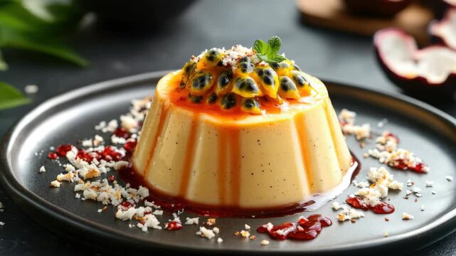 Savoring a delightful dessert featuring a creamy jello topped with blueberries and powdered sugar, garnished with pomegranate seeds.
