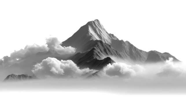 Majestic Mountain Amidst Clouds: A striking black and white capture of a towering mountain peak piercing through a sea of fluffy clouds, evoking a sense of awe and the raw power of nature.