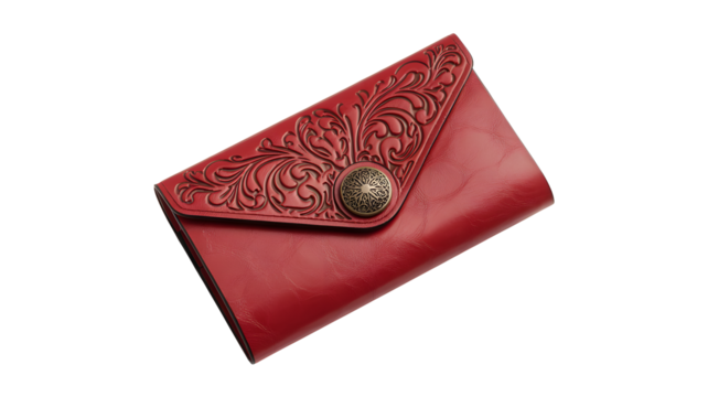 Elegant red leather clutch with ornate floral embossing detail, perfect for adding a touch of vintage charm to any outfit, designed for stylish women