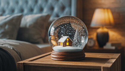 Snow globe with a cabin on a bedside table in a bedroom.