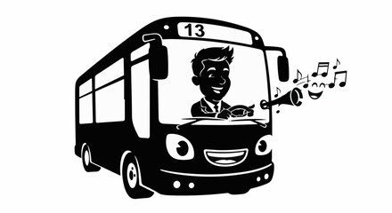 Cheerful bus driver honking horn with musical notes emanating, conveying joy and transport.