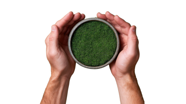 Caring Hands: A close-up shot captures the tender care and guardianship of hands gently cradling a circular container of vibrant green plant.