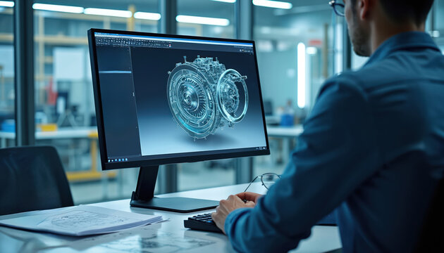 Engineer works on 3D CAD model of turbine motor on computer screen. Closeup of digital design interface and prototype engine component. Professional planning industrial production.