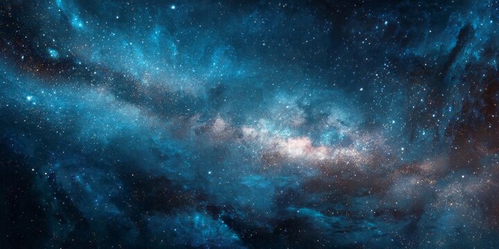 Brilliant blue cosmic clouds swirl across a dense field of distant stars