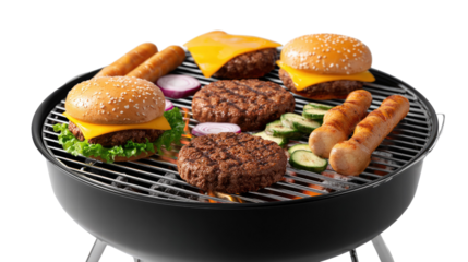 Summer BBQ Feast: An appetizing arrangement of classic barbecue fare, featuring juicy burgers and savory hot dogs sizzling on a charcoal grill, ready for a delightful outdoor gathering.