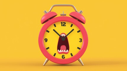 Cartoon Alarm Clock with Funny Angry Face on Bright Yellow Background, Animated Character Illustration for Humorous Design and Creative Projects
