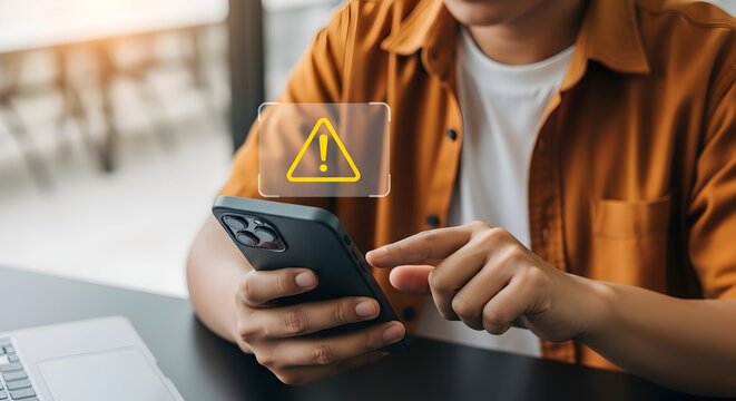 Man using a smartphone with a warning sign indicating a security alert or error message for mobile app or system notification