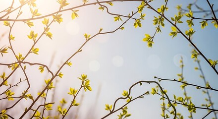 delicate spring branches of various lengths arranged randomly, open airy composition with calm negative space, young light-green leaves, pastel sky background