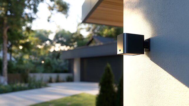 Sleek outdoor security camera mounted on the corner of a modern house overlooking the driveway and front lawn with bright daylight and a suburban neighborhood in the background