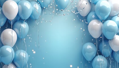 Blue, white balloons with silver ribbons, shimmering lights float against soft blue backdrop, perfect for party invitations event announcements. Celebratory arrangement with decorative strings, ideal