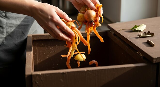 Person Composting Food Scraps Into a Brown Composting Bin Indoors