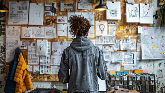 A person stands in a creative studio, observing various sketches and designs pinned to a wooden wall. The atmosphere is vibrant and inspiring, highlighting the creative process