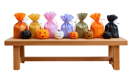 Halloween Treats Display: A festive assortment of colorful gift bags and carved pumpkins on a wooden bench, embodying the spirit of Halloween.