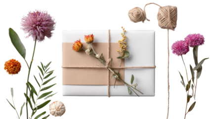 Gift of Floral Elegance: A beautifully wrapped gift, adorned with delicate dried flowers, exudes an air of vintage charm and thoughtful gifting. The scene is completed with natural twine.